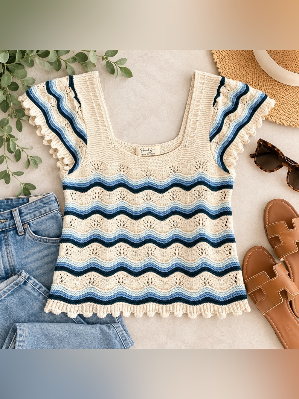 Jessica Simpson Cream Crochet Square-Neck Top with Blue Stripes